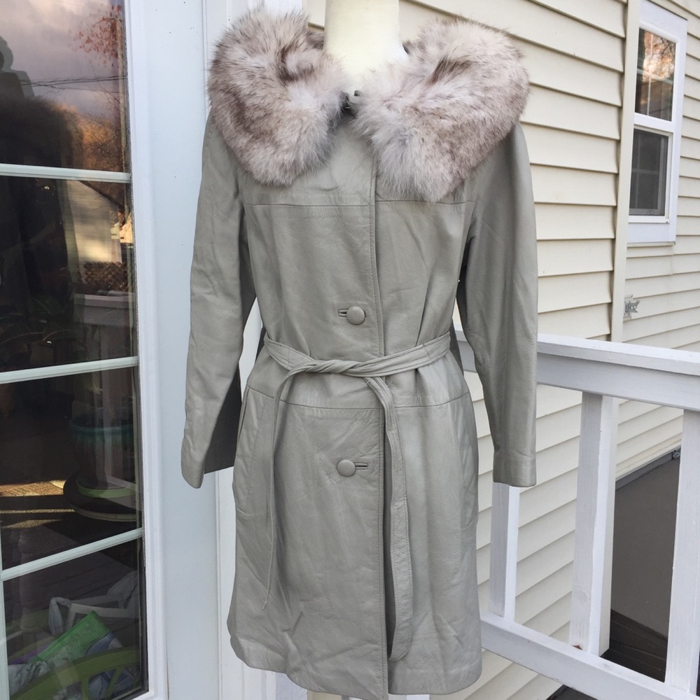 Vintage Leather Fur Collar Coat